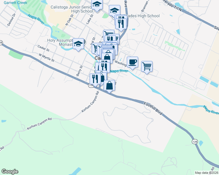map of restaurants, bars, coffee shops, grocery stores, and more near 1007 Myrtle Street in Calistoga