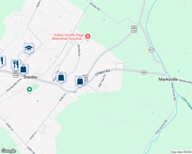 map of restaurants, bars, coffee shops, grocery stores, and more near 229 Chapel Road in Stanley