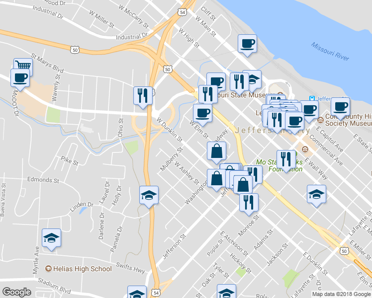 map of restaurants, bars, coffee shops, grocery stores, and more near 701 Mulberry Street in Jefferson City