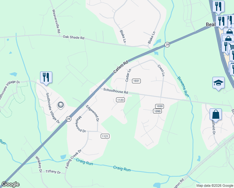 map of restaurants, bars, coffee shops, grocery stores, and more near 6735 Schoolhouse Road in Bealeton