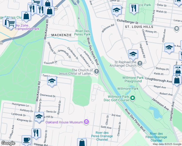 map of restaurants, bars, coffee shops, grocery stores, and more near 6900 Lake Park Circle in St. Louis