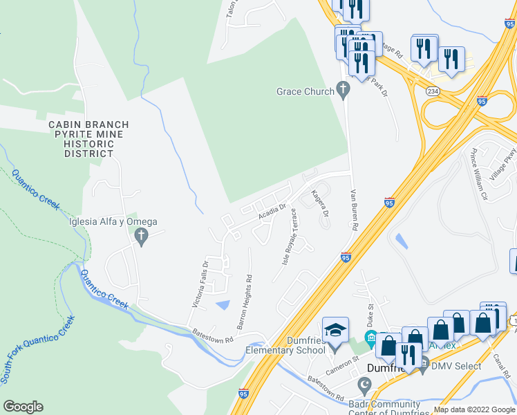 map of restaurants, bars, coffee shops, grocery stores, and more near 17376 Hot Springs Way in Dumfries