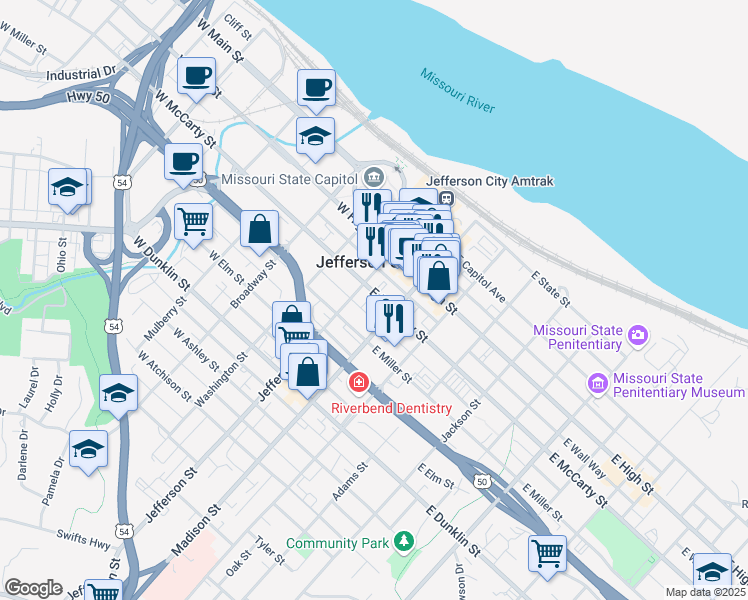 map of restaurants, bars, coffee shops, grocery stores, and more near 110 East McCarty Street in Jefferson City