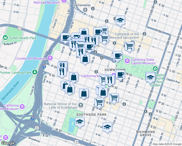 map of restaurants, bars, coffee shops, grocery stores, and more near 704 O Street in Sacramento