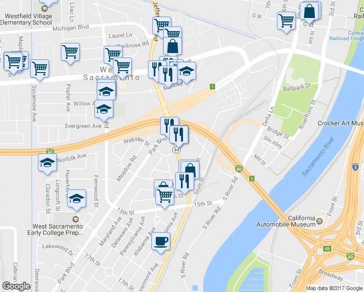 map of restaurants, bars, coffee shops, grocery stores, and more near 921 Jefferson Boulevard in West Sacramento