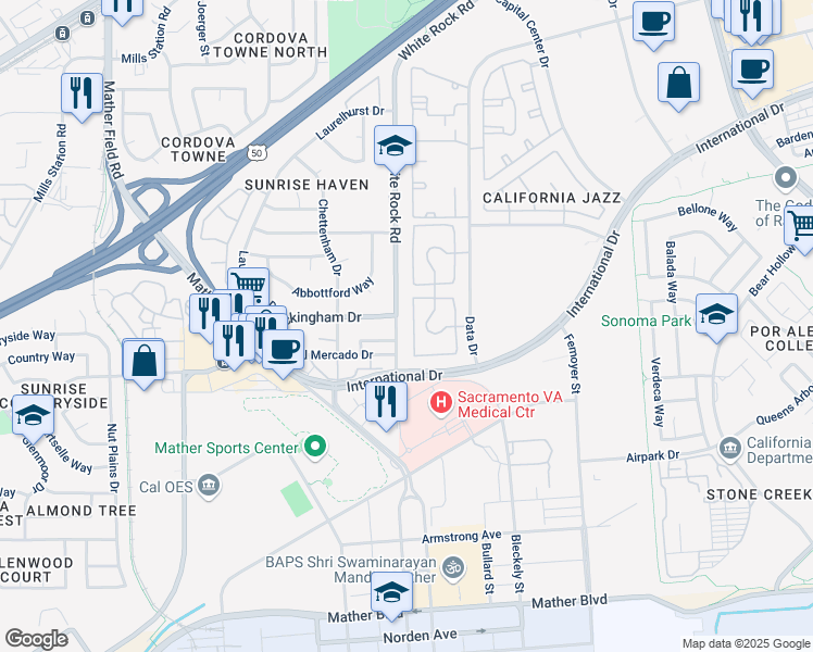 map of restaurants, bars, coffee shops, grocery stores, and more near 10228 South White Rock Road in Rancho Cordova