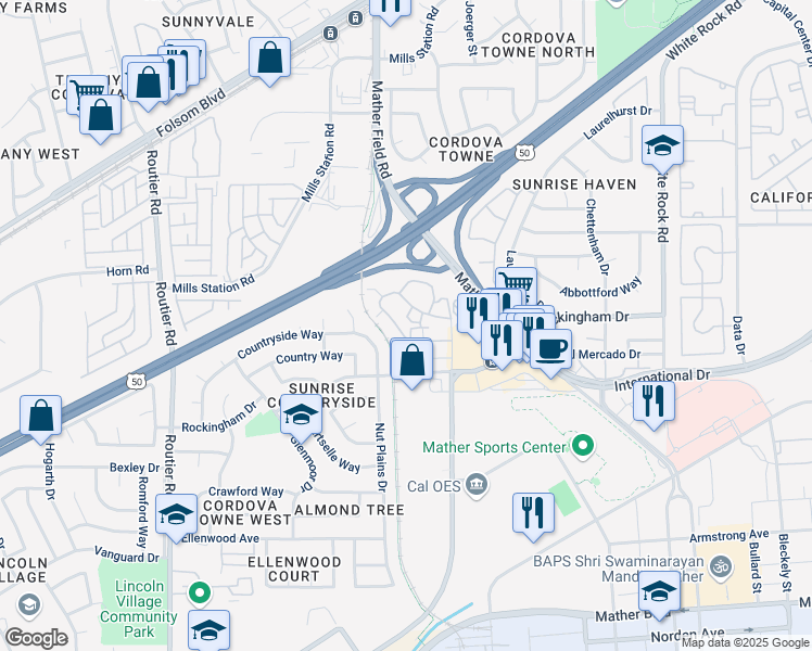map of restaurants, bars, coffee shops, grocery stores, and more near 3284 Ramos Cir in Sacramento