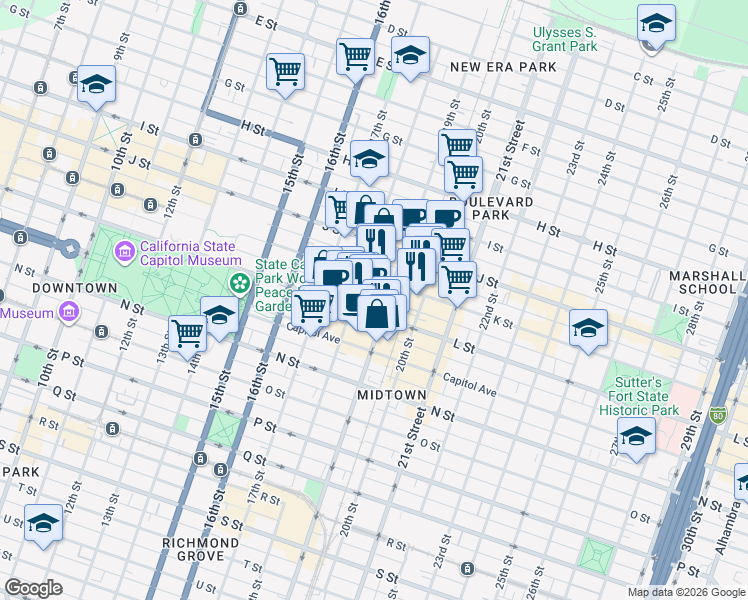 map of restaurants, bars, coffee shops, grocery stores, and more near 1123 18th Street in Sacramento