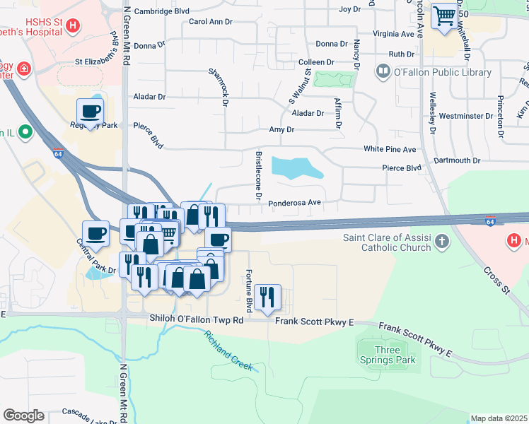 map of restaurants, bars, coffee shops, grocery stores, and more near 463 Ponderosa Avenue in O'Fallon