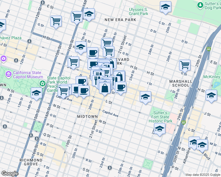 map of restaurants, bars, coffee shops, grocery stores, and more near 1020 21st Street in Sacramento