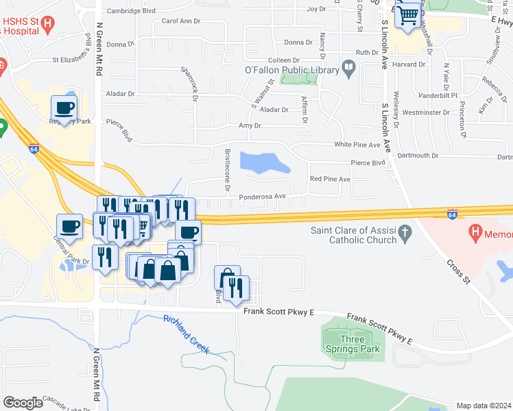 map of restaurants, bars, coffee shops, grocery stores, and more near 435 Ponderosa Avenue in O'Fallon