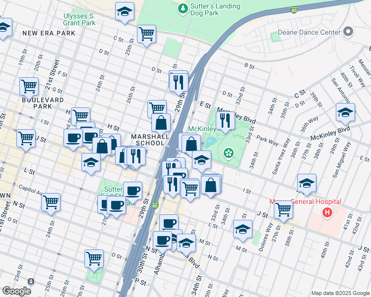 map of restaurants, bars, coffee shops, grocery stores, and more near 735 30th Street in Sacramento