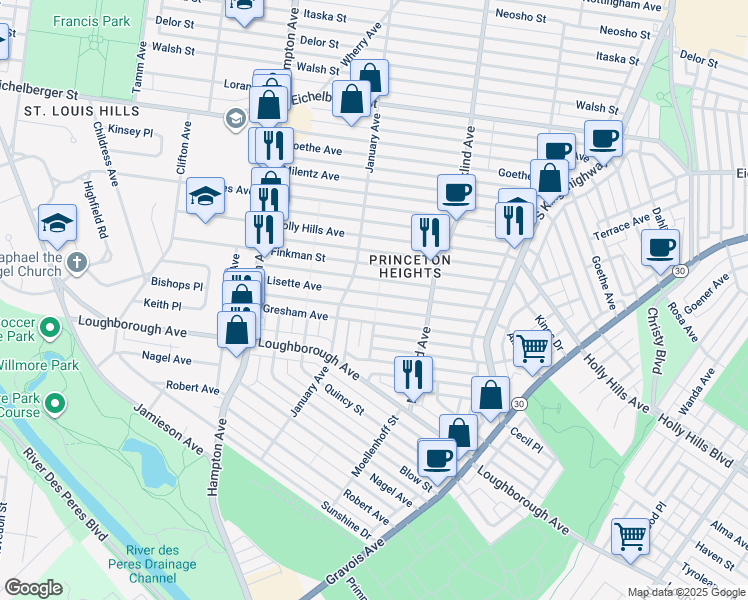 map of restaurants, bars, coffee shops, grocery stores, and more near 5500 Lisette Avenue in St. Louis