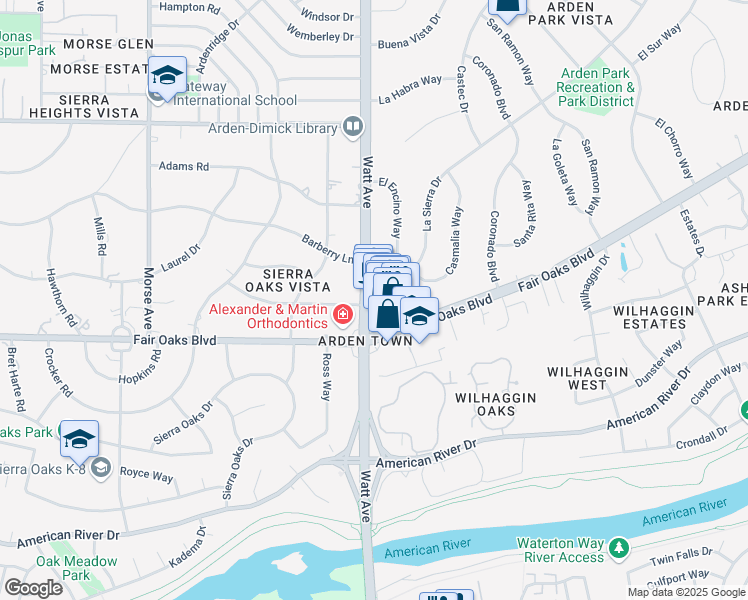 map of restaurants, bars, coffee shops, grocery stores, and more near 624 Watt Avenue in Sacramento