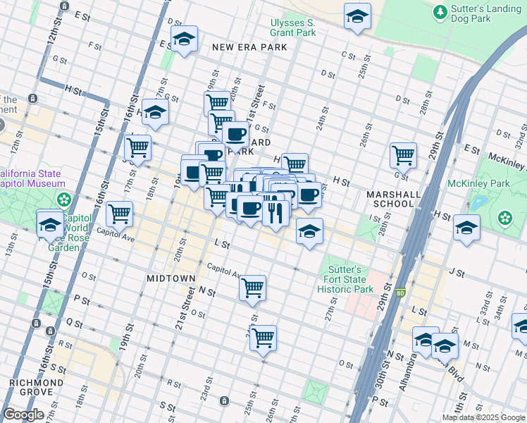 map of restaurants, bars, coffee shops, grocery stores, and more near 2230 J Street in Sacramento
