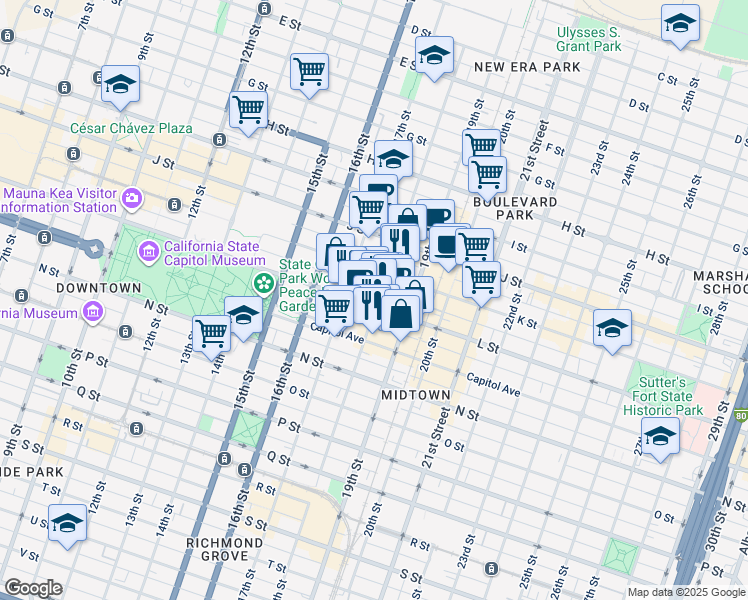 map of restaurants, bars, coffee shops, grocery stores, and more near in Sacramento