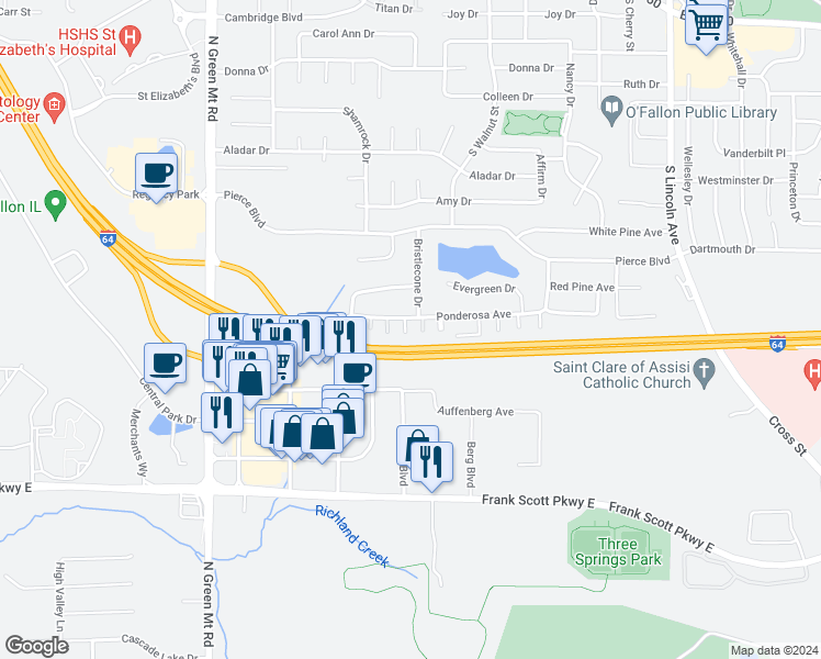 map of restaurants, bars, coffee shops, grocery stores, and more near 501 Ponderosa Avenue in O'Fallon