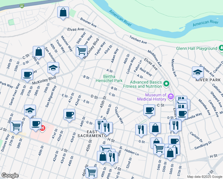 map of restaurants, bars, coffee shops, grocery stores, and more near 4524 B Street in Sacramento