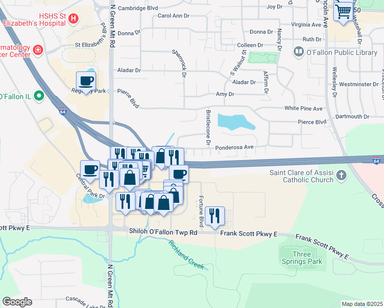 map of restaurants, bars, coffee shops, grocery stores, and more near 517 Ponderosa Avenue in O'Fallon