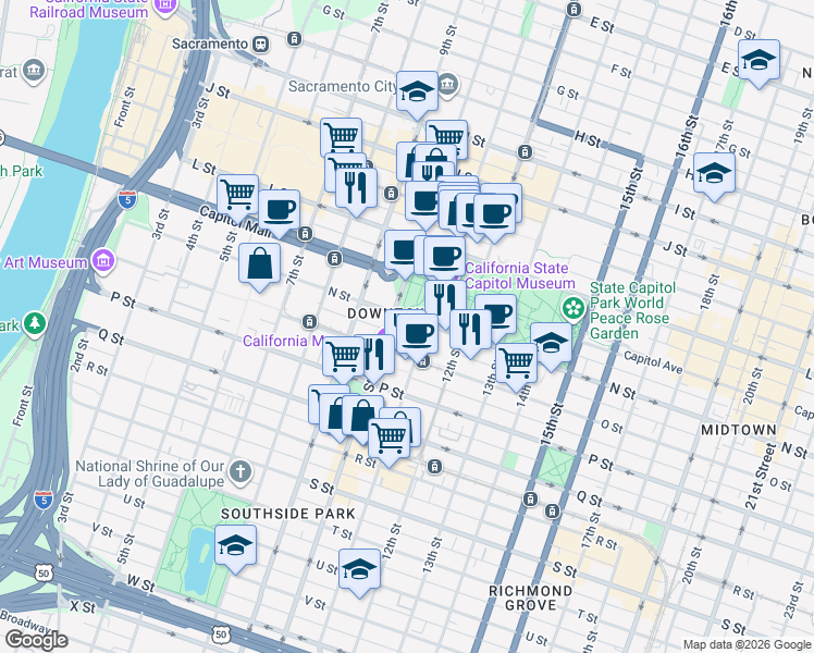 map of restaurants, bars, coffee shops, grocery stores, and more near 1020 N Street in Sacramento
