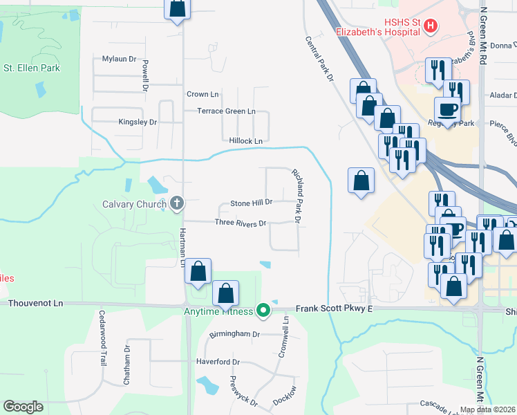 map of restaurants, bars, coffee shops, grocery stores, and more near 1305 Stone Hill Drive in O'Fallon