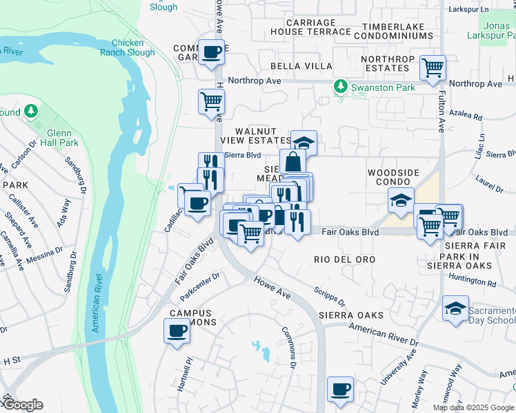 map of restaurants, bars, coffee shops, grocery stores, and more near 514 Pine Garden Lane in Sacramento