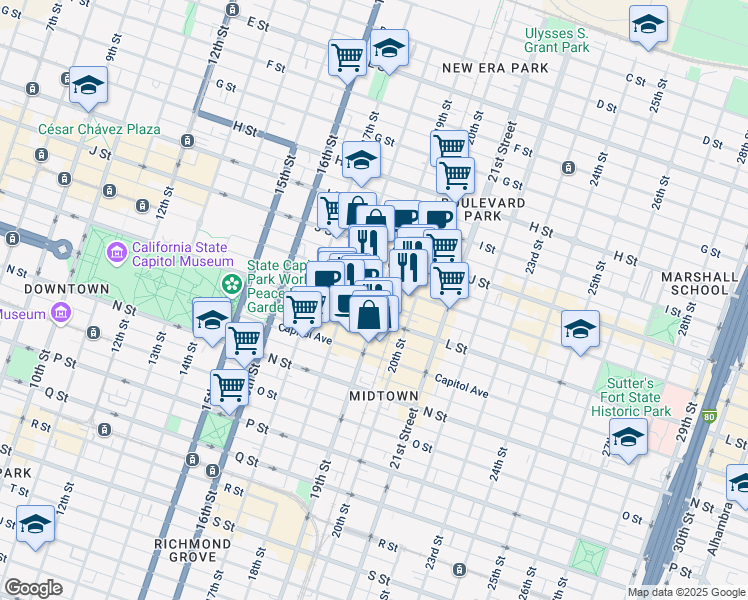 map of restaurants, bars, coffee shops, grocery stores, and more near 1118 19th Street in Sacramento