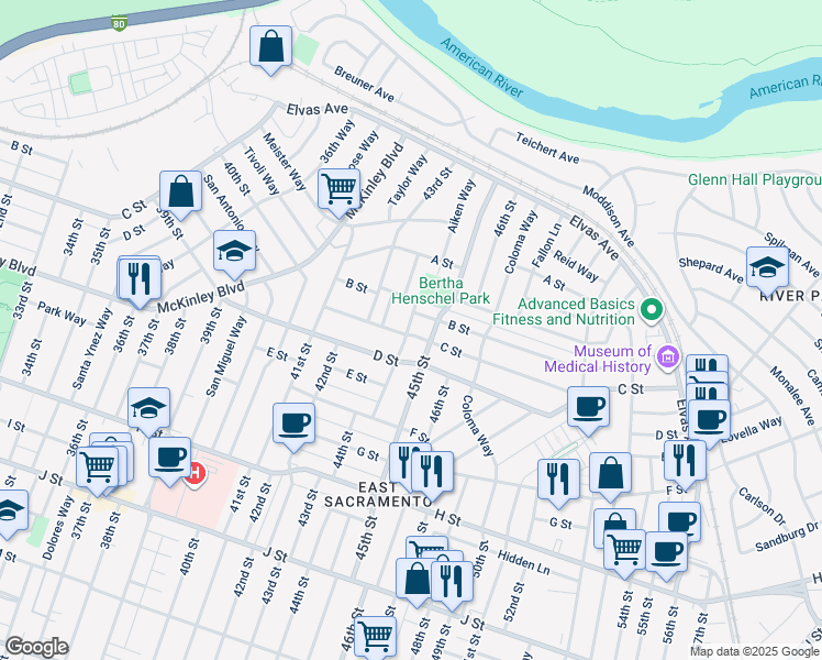 map of restaurants, bars, coffee shops, grocery stores, and more near 255 La Purissima Way in Sacramento