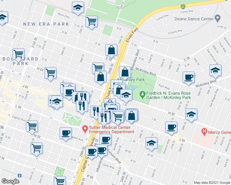 map of restaurants, bars, coffee shops, grocery stores, and more near 735 30th Street in Sacramento