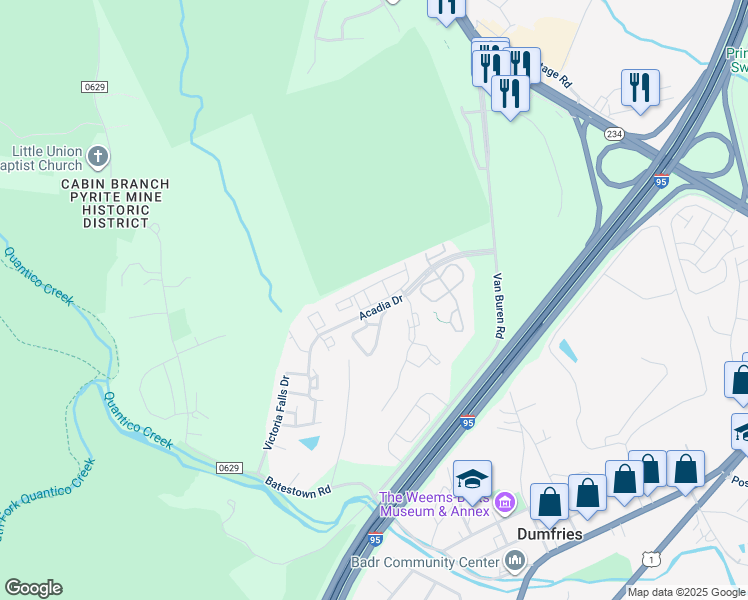 map of restaurants, bars, coffee shops, grocery stores, and more near 17381 Hot Springs Way in Dumfries
