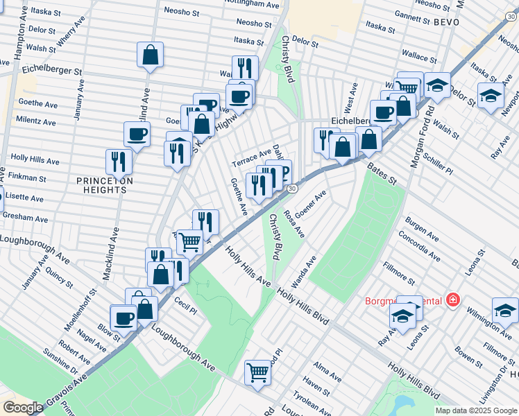 map of restaurants, bars, coffee shops, grocery stores, and more near 4721 Goethe Avenue in St. Louis