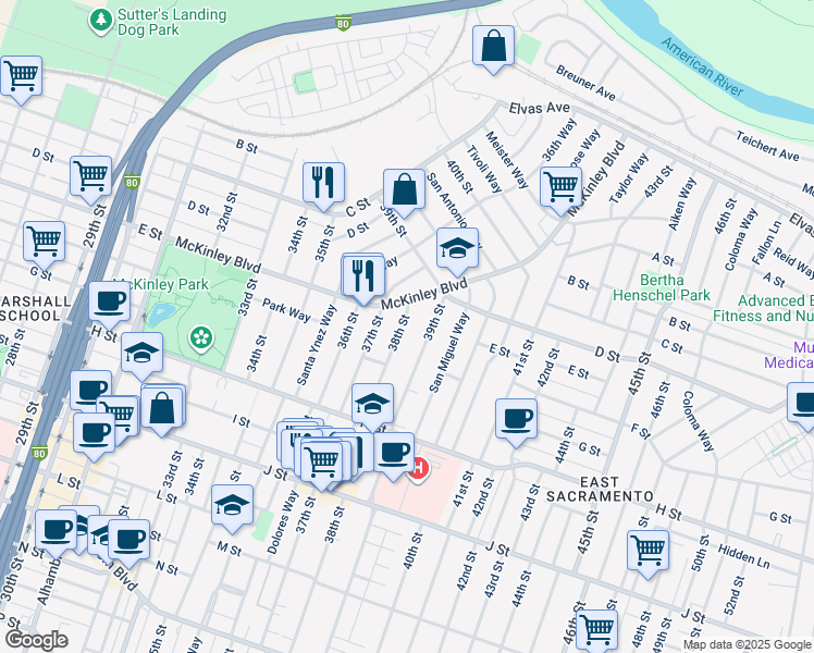 map of restaurants, bars, coffee shops, grocery stores, and more near 505 38th Street in Sacramento