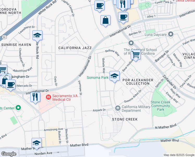 map of restaurants, bars, coffee shops, grocery stores, and more near 3316 Verdeca Way in Rancho Cordova