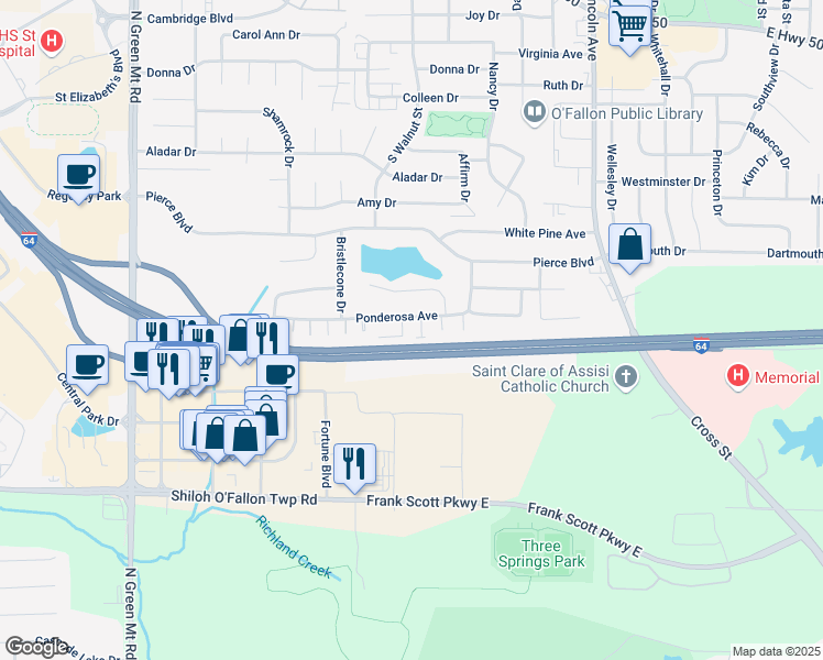 map of restaurants, bars, coffee shops, grocery stores, and more near 415 Ponderosa Avenue in O'Fallon