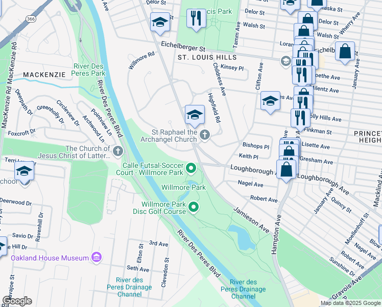 map of restaurants, bars, coffee shops, grocery stores, and more near 6401 Jamieson Avenue in St. Louis