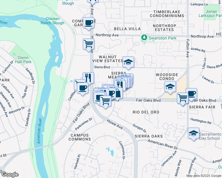 map of restaurants, bars, coffee shops, grocery stores, and more near 514 Pine Garden Lane in Sacramento