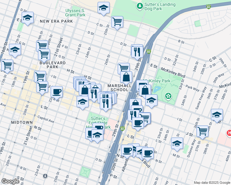 map of restaurants, bars, coffee shops, grocery stores, and more near 813 1/2 28th Street in Sacramento