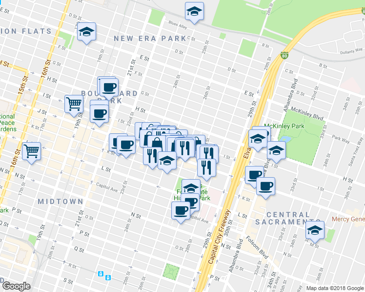 map of restaurants, bars, coffee shops, grocery stores, and more near 2528 I Street in Sacramento