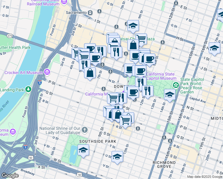 map of restaurants, bars, coffee shops, grocery stores, and more near 1420 9th Street in Sacramento