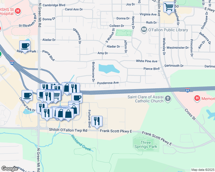 map of restaurants, bars, coffee shops, grocery stores, and more near 435 Ponderosa Avenue in O'Fallon