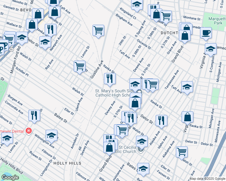 map of restaurants, bars, coffee shops, grocery stores, and more near in St. Louis