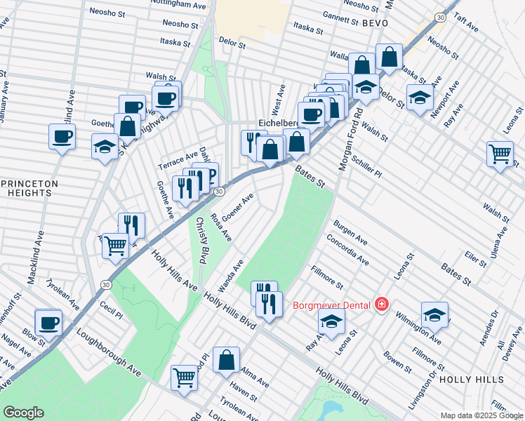 map of restaurants, bars, coffee shops, grocery stores, and more near 5979 Wanda Avenue in St. Louis
