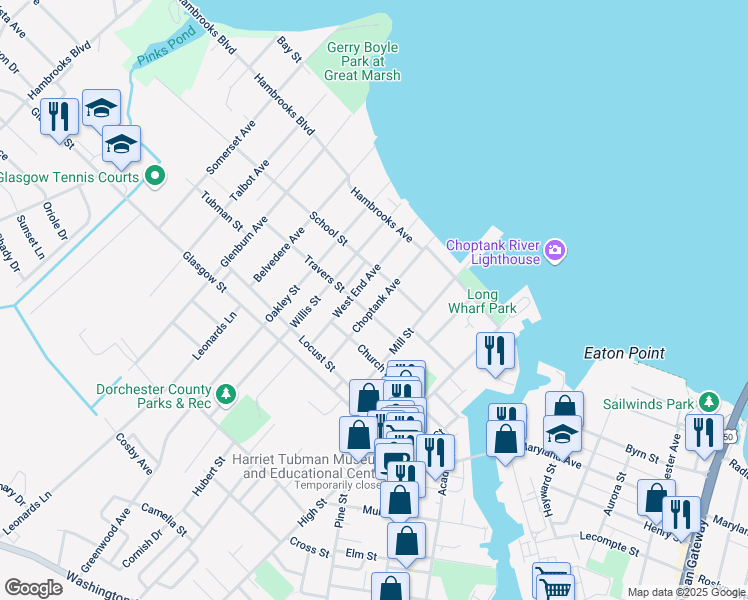 map of restaurants, bars, coffee shops, grocery stores, and more near 219 Choptank Avenue in Cambridge