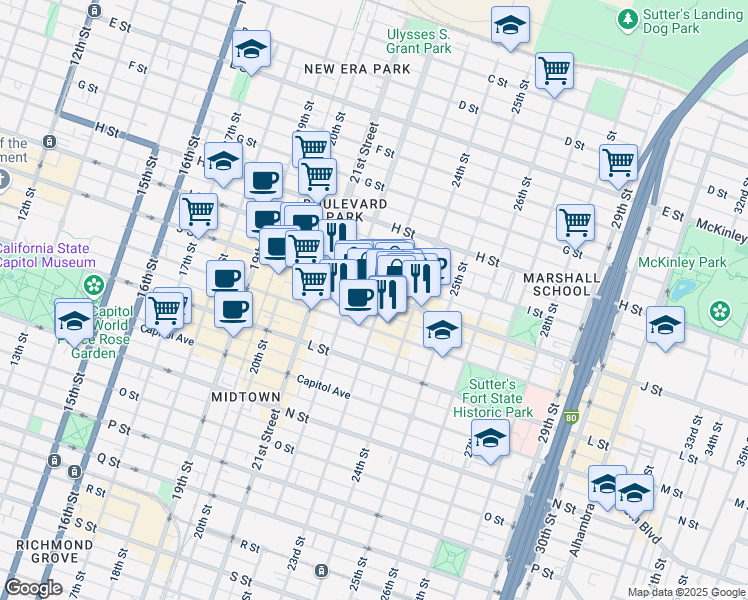 map of restaurants, bars, coffee shops, grocery stores, and more near 2230 J Street in Sacramento