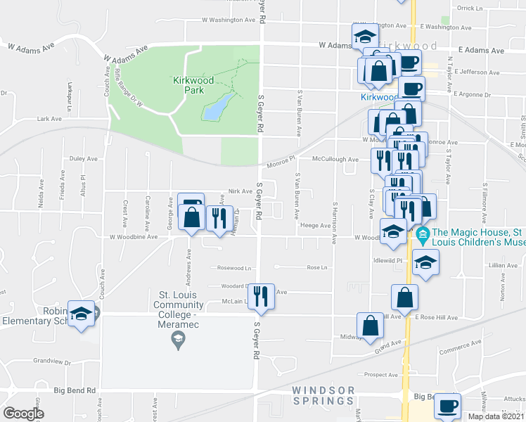 map of restaurants, bars, coffee shops, grocery stores, and more near 438 South Geyer Road in Kirkwood