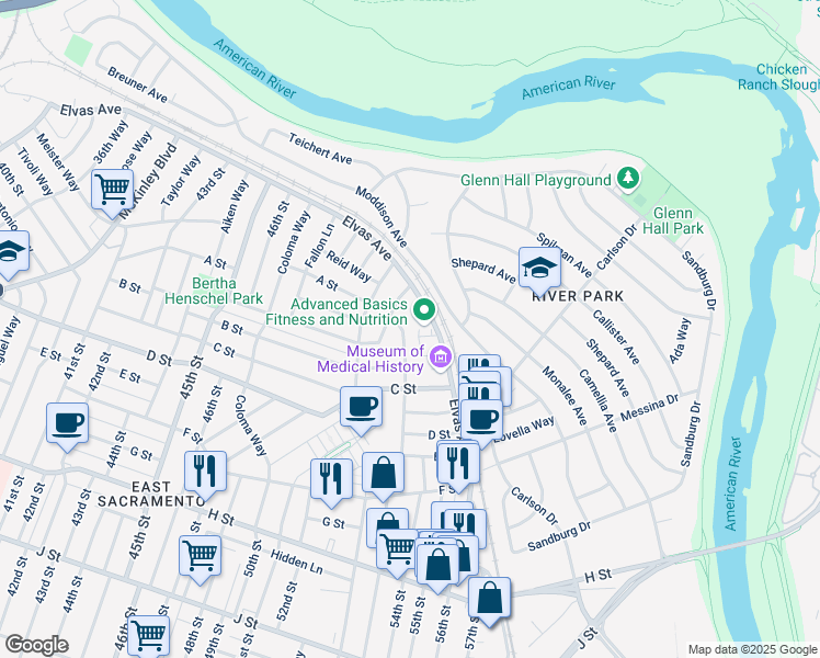 map of restaurants, bars, coffee shops, grocery stores, and more near 131 Lagomarsino Way in Sacramento
