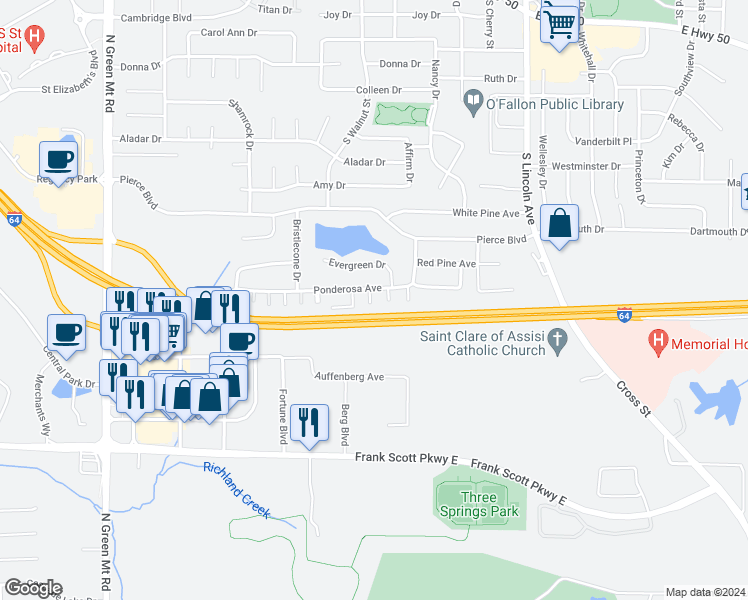 map of restaurants, bars, coffee shops, grocery stores, and more near 415 Ponderosa Avenue in O'Fallon