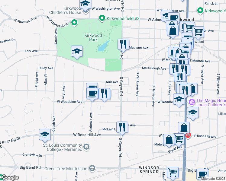map of restaurants, bars, coffee shops, grocery stores, and more near 424 Heman Drive in Kirkwood