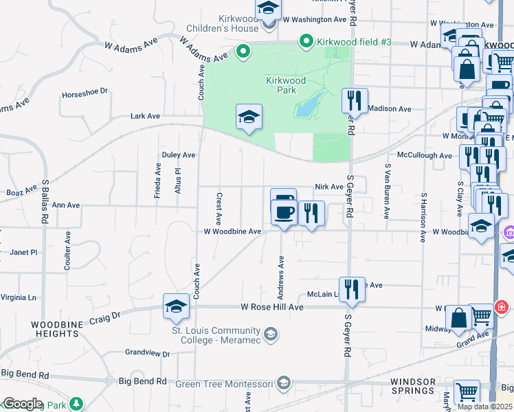 map of restaurants, bars, coffee shops, grocery stores, and more near 427 George Avenue in Kirkwood