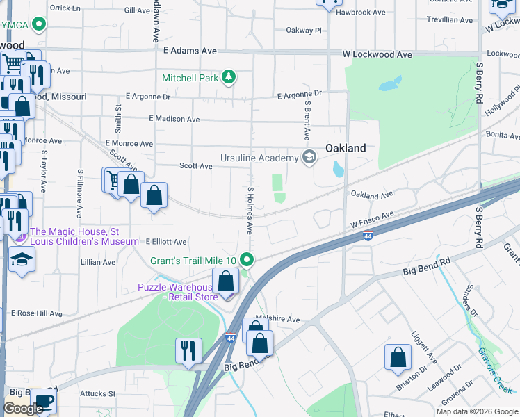 map of restaurants, bars, coffee shops, grocery stores, and more near 453 South Holmes Avenue in Kirkwood